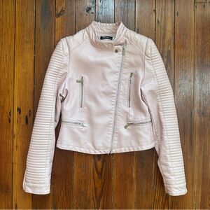 Vintage 2000s Papillonne faux leather pastel pink asymmetrical zip motojacket
